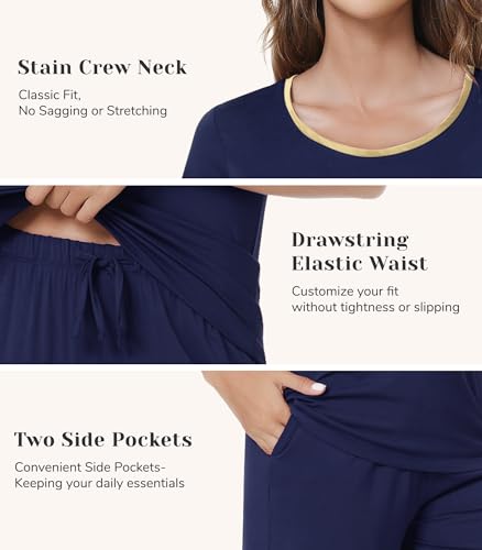 Image of NACHILA Pajamas for Women-Viscose Made from Bamboo,Satin Crew Neck Pajama Sets Short Sleeve Pjs with Capri Pants