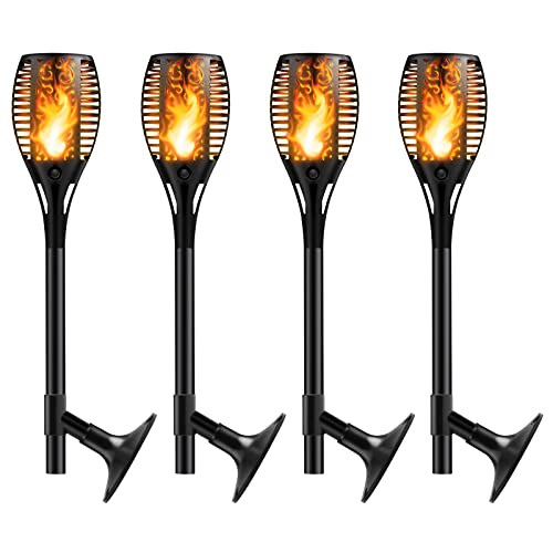 Eslas Solar Flammenlicht,4 Stücke Solar Gartenfackel für Außen mit 3 Montagezubehör, Solarleuchten mit Realistischen Flammenmit, Wasserdichte IP65, Automatische EIN/Aus für Terrasse, Rasen und Weg Cover