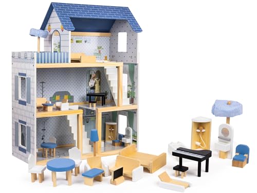 Casa de muñecas de madera Roxana XL 78 cm + iluminación LED 15 piezas de mobiliario