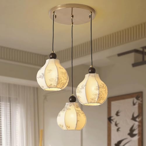 Suspension mi-siècle 3 fleurs tissu blanc luminaire suspendu or doré