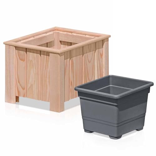 Endorphin Pflanzkasten Holz aus Lärche - 38 x 38 x 30cm - Blumenkasten mit Kunststoffeinsatz - Balkonkasten - Pflanzkübel - Blumenkübel