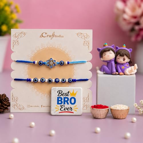 Image of eCraftIndia Designer Blue Evil Eye Rakhi Set with Best Bro Ever Fridge Magnet & Cute Couple Showpiece | Handmade Raksha Bandhan Gift Combo for Brother