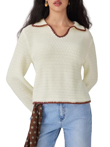 CIDER Sweaters for Women Trendy Color Trim Cute Long Sleeve V Neck Collared Knit Pullover Sweater Tops Fall Outfits3