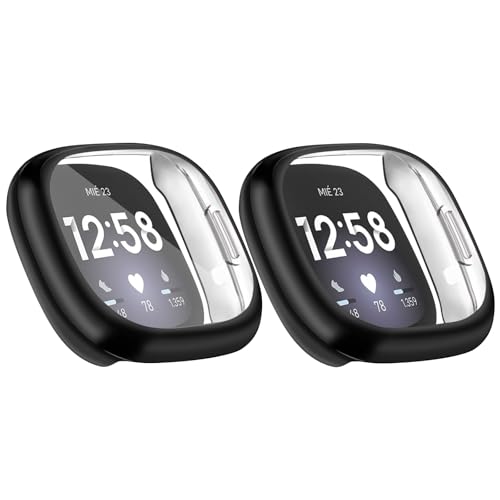 [2-Pack] Cases for Fitbit Sense/Versa 3 Screen Protector Soft TPU All-Around Cover Anti-Scratch Screen Protector Bumper for Versa 3/Sense Black+Black