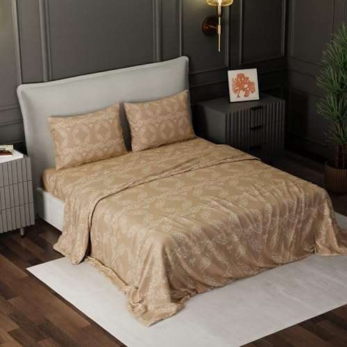 Image of BLISSHOME Everlast 150TC King Size Printed Bedsheet with 2 Pillow Covers for Double Bed, Aesthetic Bedding, Wrinkle Resistant, 100+ Wash Durable, Quick Dry, Ornate Design - Beige (228cm x 274cm)