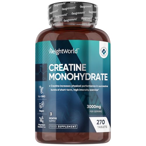 Creatine Monohydrate Tablets 3000mg - 270 Creatine Tablets - Vegan & Keto-Friendly - Unflavoured & Gluten-Free - 3 Months Supply - for Men & Women