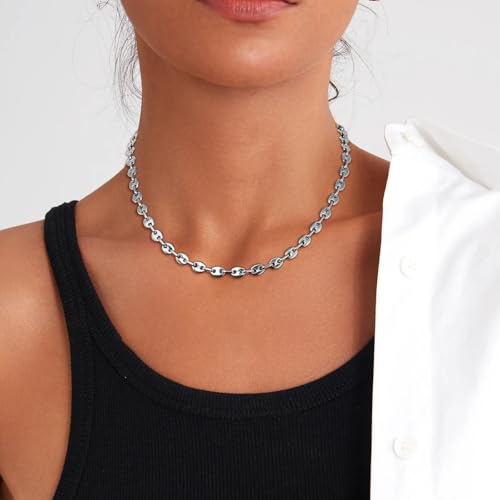 HZMAN Stainless Steel Necklace for Men Hip Hop Polished Coffee Bean Silver Men's Chain Necklace Jewelry Gift3