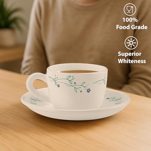 Image of Treo By Milton Opalware Ophelia 13 Murel Cup & Saucer Set | Microwave & Dishwasher Safe | Bone-Ash Free | Tempered Toughness | Set of 12 | White | Crockery Set for Daily Use & Gifting