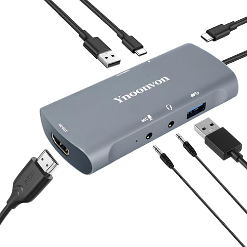 Ynoonvon 6-in-1 USB-C Video Capture Card Docking Station, 4K HDMI Loop-Out, 1080p 60fps Record, PD 60W Charge, USB 3.0, Audio Mic Jack. Portable Game Link for Switch, Phone, Laptop, Pi 5
