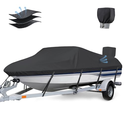 Outmax Trailerable Boat Cover with Motor Cover Waterproof 20-22 Marine Grade Heavy Duty Polyester Canvas Fit Bass Boat V-Hull Pro-Style Runabout Fishing Ski Boat with Tightening Strap Black