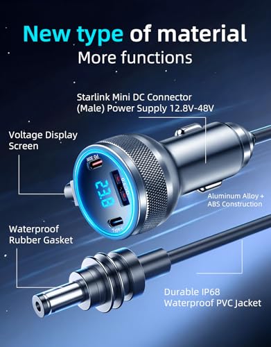 Image of Starlink Mini Cable, 4-in-1 Starlink Mini Car Charger DC Power Cable + 12V-24V Cigarette Lighter Adapter with Digital Display, USB-C PD 45W and Dual USB-A 35W Ports for Cars, Suitable for Cars (10FT)