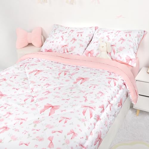 Image of Twin Kids Comforter Set for Girls Pink Rose, 5 Pieces Bed-in-a-Bag Toddler Bedding Set Soft Breathable, Cute Bow Flower Print, Includes Reversible Comforter, Fitted Sheet and Flat Sheet, 2 Pillowcases
