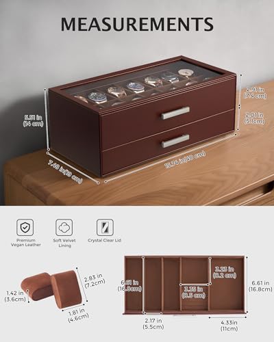 ProCase Coffret Montres 14 Emplacements avec Tiroirs Coulissants Superposés, Boîte à Montres avec Couvercle Transparent, Rangement Élégant pour Montres et Accessoires -Brun Café – vue 6