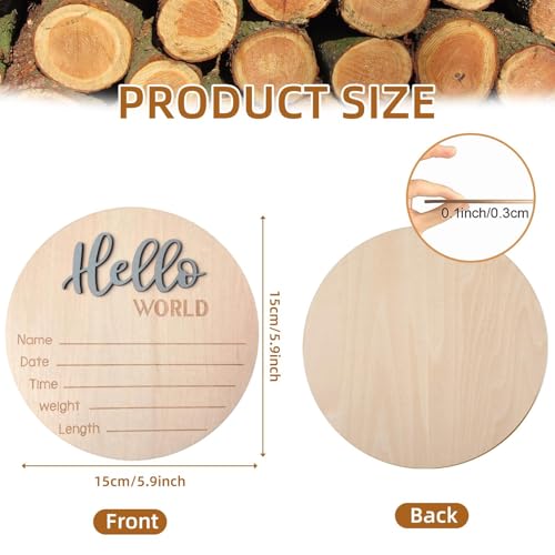 Image of Baby Announcement Sign, 5.9 Inch Wooden Hello World Newborn Signs, Birth Announcement Sign, Baby Shower Hospital Nursery for Newborn Boys and Girls (Gray,Pen)