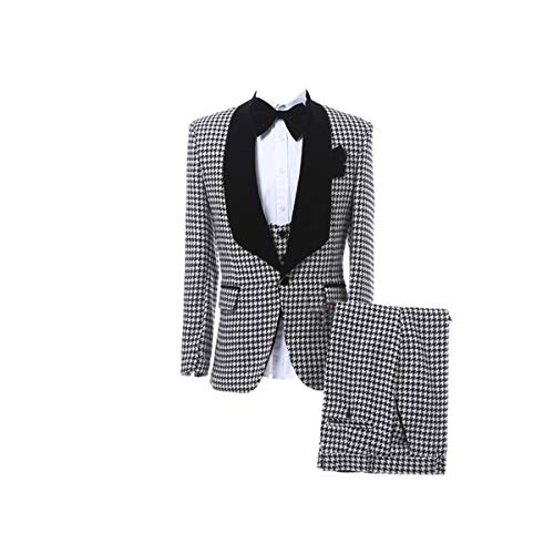 Houndstooth Velvet Lapel Men Suits - Premium 3 Pieces Grid Plaid Slim Fit Check Tuxedo Black Velvet Shawl Lapel Wedding Suits