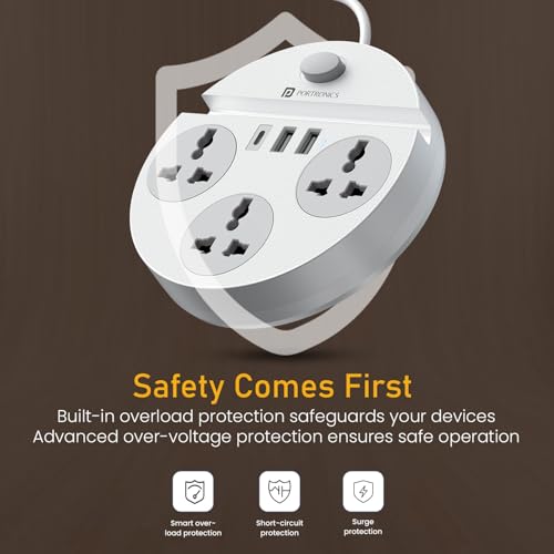 Image of Portronics Power Plate 5 Pro, 6-in-1 Power Extension Board with 3 Universal Sockets, 2 USB-A & 1 Type-C Port, 1500W Output, Built-in Mobile Holder, 2M Long Cord, Overload & Surge Protection