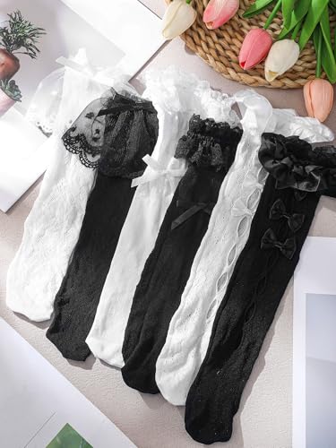 Image of Fourluoo Womens Lace Ankle Socks Classic Black and White Ruffle Frilly Socks Mesh Lace Sexy Trim Lolita Stockings for Women