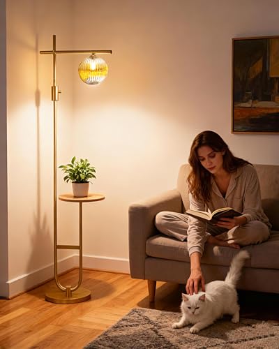 Image of Lightdot 66IN Gold Dimmable Floor Lamps with Table, Modern Standing Tall Lamp with Brown Globe Glass Shade, Cross-Shaped Head and U-Pole Base for Living Room /Sofa Beside /Corner Decor(Bulb Included)