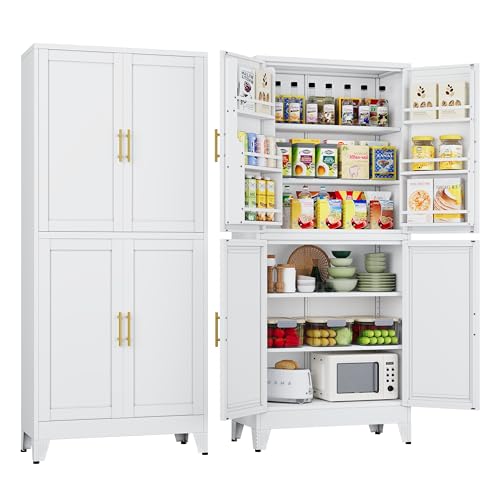 Lusiwry 75' Tall Metal Kitchen Pantry Storage Cabinet, Freestanding Cupboard Storage Cabinet with 4 Doors and 4 Adjustable Shelves, Large Stand Up Food Cupboard for Dinning Room, Bathroom, White