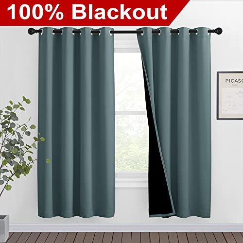 Image of NICETOWN 100% Blackout Window Curtain Panels, Full Light Blocking Drapes with Black Liner for Nursery, 72-inch Drop Thermal Insulated Draperies (Greyish Blue, 2 Pieces, 46-inch Wide Per Panel)