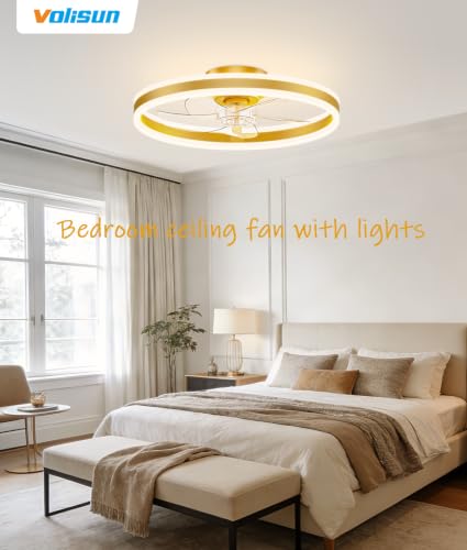 Image of VOLISUN Low Profile Ceiling Fans with Lights and Remote, 20in Flush Mount Ceiling Fans with Light, 3000K-6500K Dimmable Fandelier LED Fan Light, Gold Bladeless Ceiling Fans with Lights for Bedroom