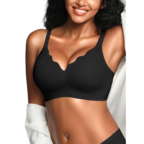 Wireless Jelly Bras for Women No Underwire with Support - S-2XL Seamless Bralettes Everyday Comfort Tshirt Padded Bra Black Large
