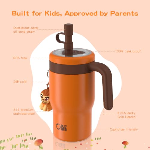 Image of OISIZ 14oz Kids Tumbler with Straw Lid & Handle,Kids Cup with Animal Accessory for School,Kids Water Bottles with Dust-proof Cover,Leakproof Water Bottles,316 Stainless Steel,Keep Cold 24 Hours-orange
