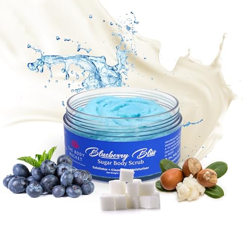 Image of The Body Bucket Blueberry Bliss Sugar Body Scrub- 200g | Included Free Bath Bomb | 3-in-1 Exfoliator, Cleanser, Moisturizer | De-Tan & Brightens Dark Areas| Smooths Strawberry Legs & Arms | Sulfate & Paraben Free