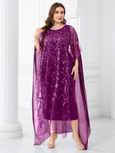 Image of Plus Size Sparkly Formal Evening Gown Sequin Cape Overlay Mother of Bride Dress Wedding Guest Cocktail Party