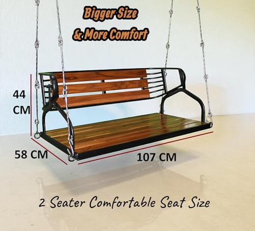 Image of Kaushalendra Hanging Swing for Indoor Outdoor Balcony, 107 cm Stainless Steel & Teak Wood, 350kg Capacity, Pre Assembled, Black Powder Coated, Includes Springs & Hooks
