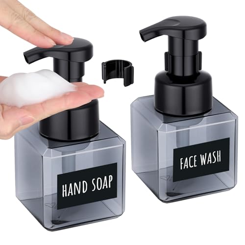 Image of Segbeauty Square Foaming Soap Dispenser Bathroom, 2pcs 8.5oz Gray Foam Soap Dispenser for Kitchen Sink, 250ml Small Plastic Foam Bottle with Waterproof Labels, Foaming Bottle Set for Shampoo Face Wash