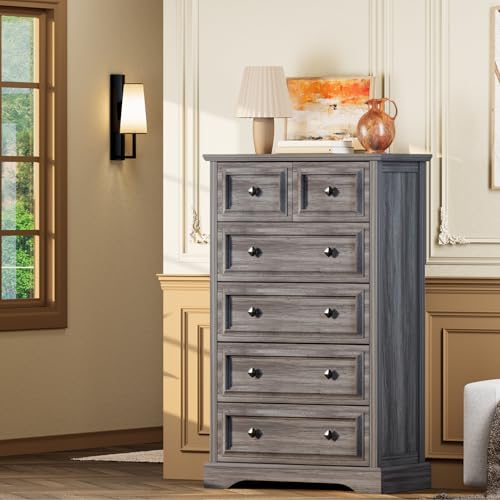 VVFLU Grey Dresser 48 Tall Dresser with Natural Texture & Metal Handles 6 Drawer Chest of Drawers for Bedroom Living Room Hallway Vintage Design