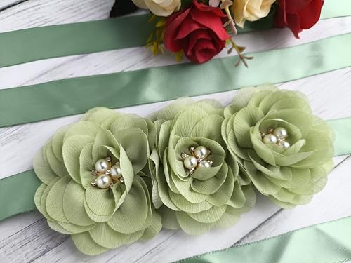 Flower Girl Sash Sage Green Flower Girl Sash Belt for Dress, Chiffon Pearl Floral Sash Belts for Bridesmaid/Bride Dresses2