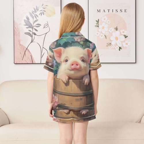 ALAZA Cute Pig Blossom Flower Satin Pajamas Set Short Sleeve Button Down Sleepwear Summer Pjs 2 Piece4