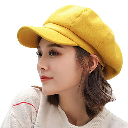 YONKOUNY Boinas para Mujer Lana Boina Francesa Clásico Color Sólido Casual Gorra de Visera Sombreros de Pintor Otoño Invierno Navidad de Regalo (Amarillo)