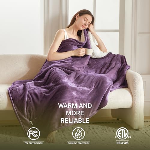 Heat Blanket 72”x84” Full Size,Soft Flannel & Sherpa Reversible Electric Blanket with 10 Heat Settings,12 Timer Setting and 8 Hours Auto-Shut Off,ETL Certified Machine Washable,Purple