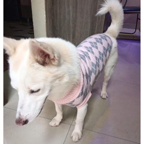 Image of Lulala Dog Sweater for Winter - Soft Pink and Grey Argyle Pattern, Warm Knit Sweater for Small to Medium Breeds, Cozy Dog Clothes