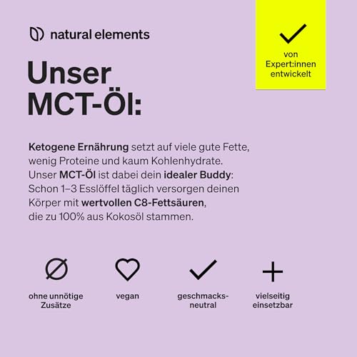 natural elements MCT-Öl C8 – 500ml für deine Keto-Diät – 100% Kokosöl – für ketogene Ernährung – geschmacks- und geruchsneutral – vegan, ohne unnötige Zusätze – exogene Ketone – laborgeprüfte Qualität