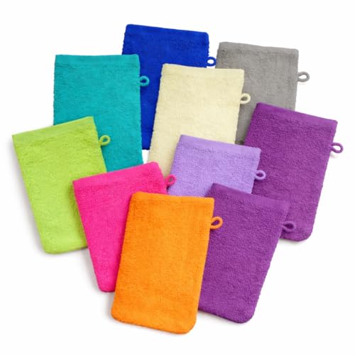 KH-Haushaltshandel Waschhandschuh Frottier, 10 Stück (5x2versch.Farben Sortiert), ca. 16x21cm, 100% Baumwolle, Uni, einfarbig, Walk Frottee, Waschlappen (5x2 Stück Sortiert)