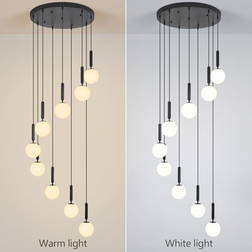Image of 9-Lights Black Chandelier with Milk White Glass Mid Century Modern