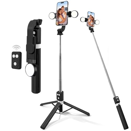 3-in-1 Selfie Stick Tripod with Fill Light, 43'' Extendable Travel Phone Stand with Wireless Remote & Portable Holder Compatible with iPhone 16 Pro Max/Samsung S23 Ultra Phone (Black)