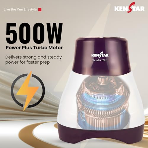 Image of Kenstar SLENDER NEO Mixer Grinder 500 Watts | 3 Multi-Purpose Jars | Powerful Turbo Motor | Overload Safety | White & Purple