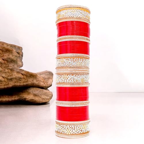 Image of Lucky Jewellery Bridal Bangle Set Dhanteras /Diwali /Bhai Dooj Collection Red Designer AD & Golden Stone Dulhan Chuda Fashion Wedding Chura Punjabi Choora For Women (2673-G1C1-1002-R)