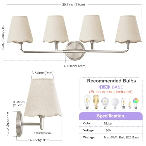 Image of Bathroom Light Fixtures Vanity Light 4-Light Brushed Nickel 30.7 inch | Farmhouse Bathroom Lights, Beige Wavy Fabric Shade, Dimmable Vanity Lighting Fixtures for Mirror Bedroom Living Room Hallway