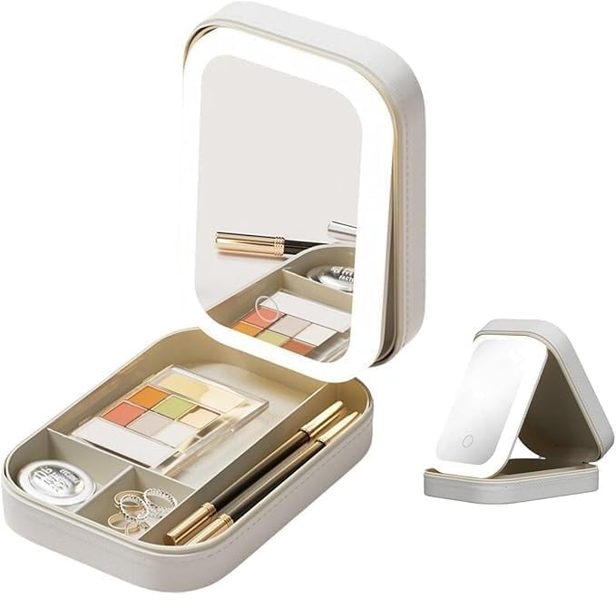 Image of LED Lighted Makeup Mirror Jewelry Box - Portable 2-in-1 Travel Organizer with Adjustable Lighting, Cosmetic Storage & Rechargeable Battery - Compact Vanity Mirror for Women (White)