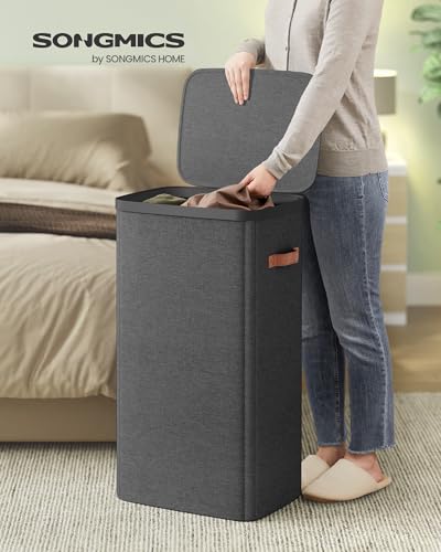 Image of SONGMICS Laundry Basket, 26.4 Gal. Laundry Hamper, Easy Assembly, with Lid and Handles, Removable Liner, 16.5 x 12.6 x 29.5 Inches, Ink Black ULCB811BH01