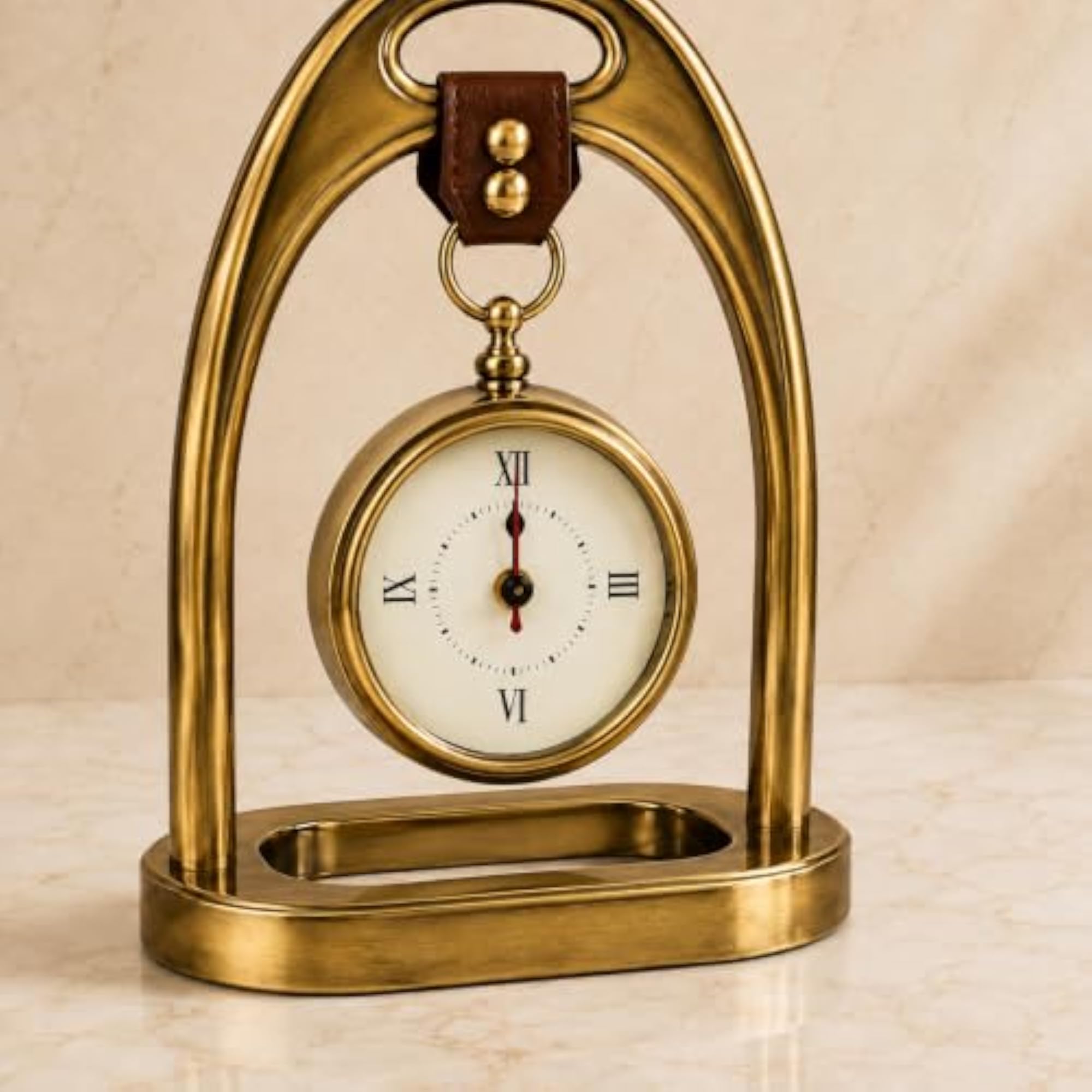 Antique Brass Stirrup Desk Clock with Leather Strap