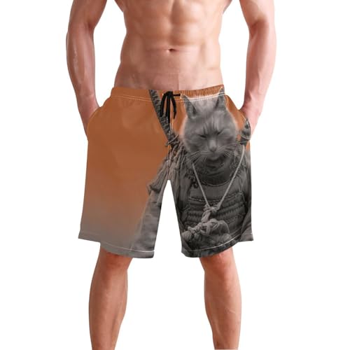 Men's Swim Trunks Cat Samurai Print, Quick Dry Beach Board Shorts with Lining-S