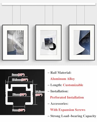 Image of Ceiling Mount Picture Rail Hanging System, Heavy Duty Picture Hanging Track and Photo Display Rail, Studio Wall Decorative Molding Bracke for Wall(72 inch /183cm Track,8.2' /2.5m Cable)