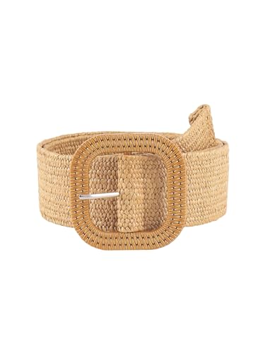 Verdusa Women's Boho Straw Woven Belt Square Buckle Wide Waist Belt Khaki One-Size